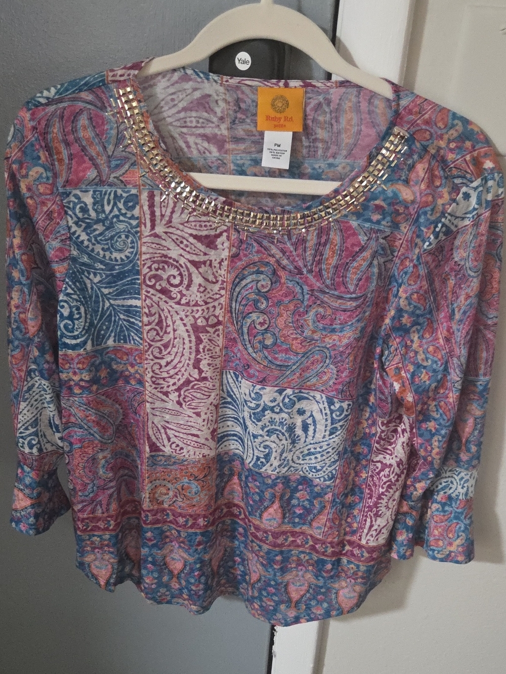 Polyester/rayon blend top, Ruby Rd. Petite, paisley print with embellished neckl